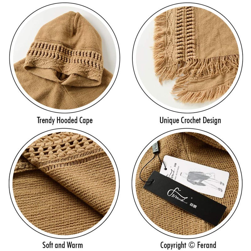 Ferand Ladies' Hooded Cape with Fringed Hem, Crochet Poncho Knitting Patterns for Women, Khaki - Image 4